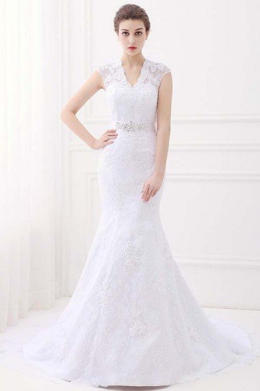 White Mermaid Lace V-Neck Cap Sleeves Wedding Dress With Belt UK