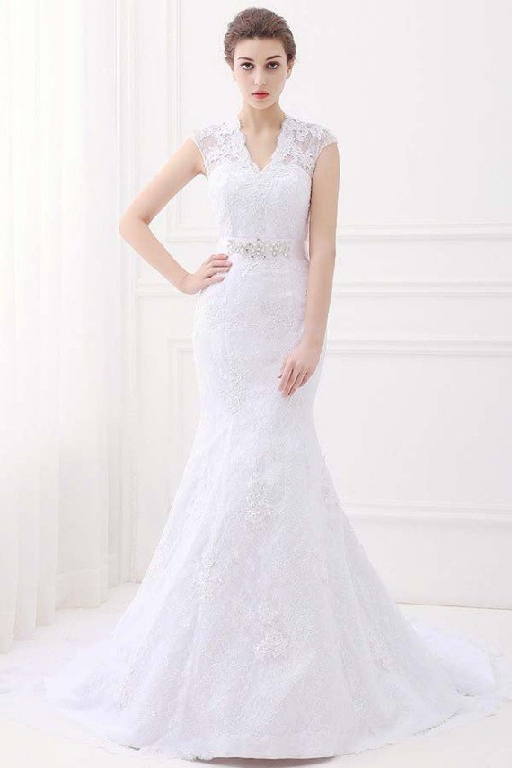 White Mermaid Lace V-Neck Cap Sleeves Wedding Dress With Belt UK