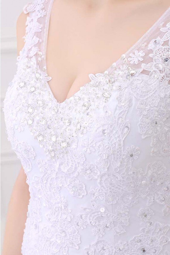 White V-Neck Sleeveless Mermaid Lace Beaded Rhinestones Wedding Dress UK
