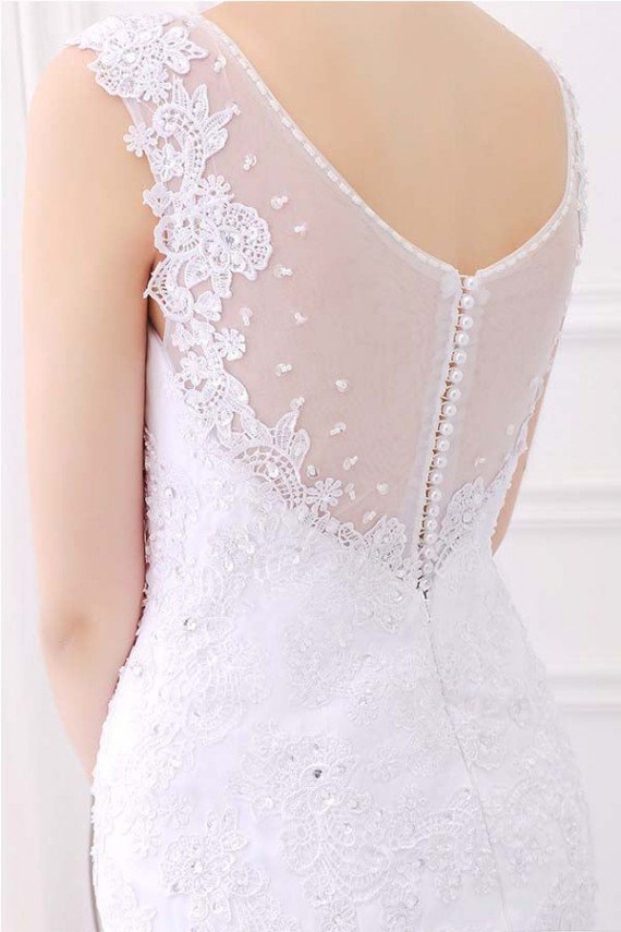 White V-Neck Sleeveless Mermaid Lace Beaded Rhinestones Wedding Dress UK