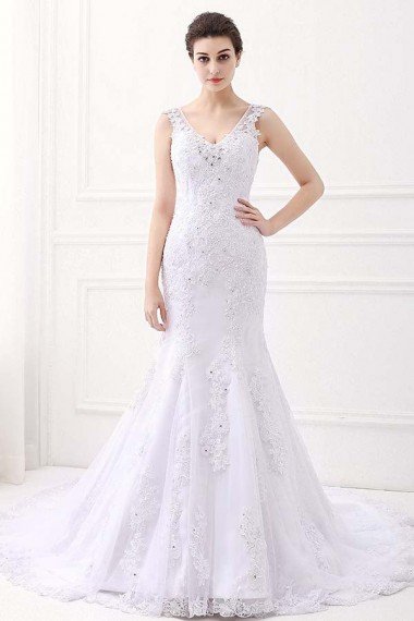 White V-Neck Sleeveless Mermaid Lace Beaded Rhinestones Wedding Dress UK