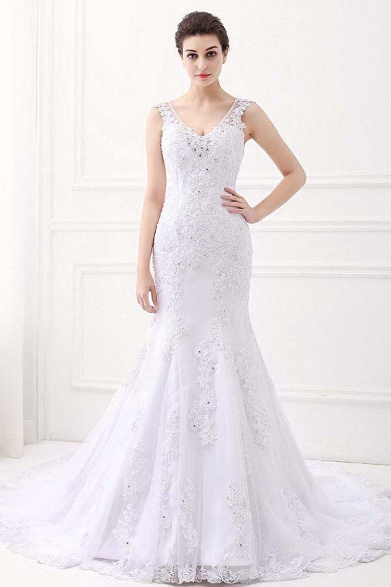 White V-Neck Sleeveless Mermaid Lace Beaded Rhinestones Wedding Dress UK