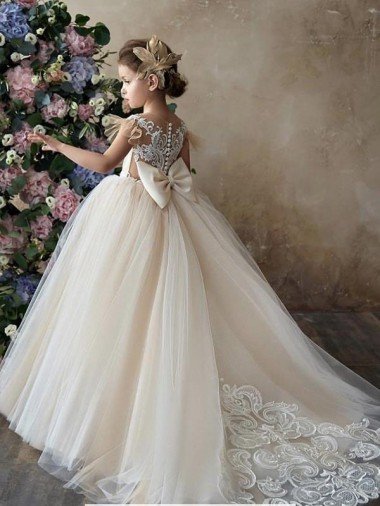 Champagne Ball Gown Sweetheart Chapel Train Sleeveless Flower Girl Dress UK
