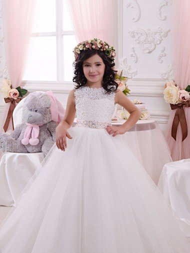 Ivory Ball Gown Bateau Chapel Train Sleeveless Flower Girl Dress UK