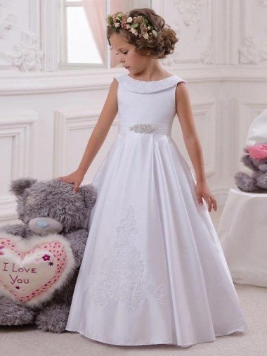 Ivory Ball Gown Bateau Floor Length Flower Girl Dress UK
