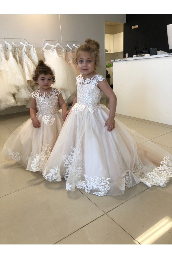 Ivory Ball Gown Chapel Train Sleeveless V-Back Flower Girl Dress UK