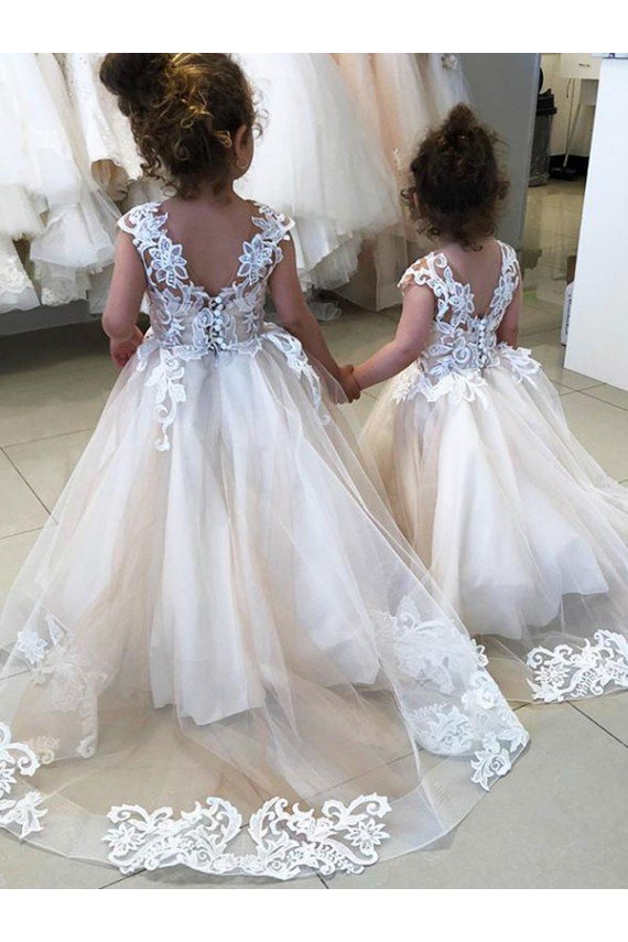 Ivory Ball Gown Chapel Train Sleeveless V-Back Flower Girl Dress UK