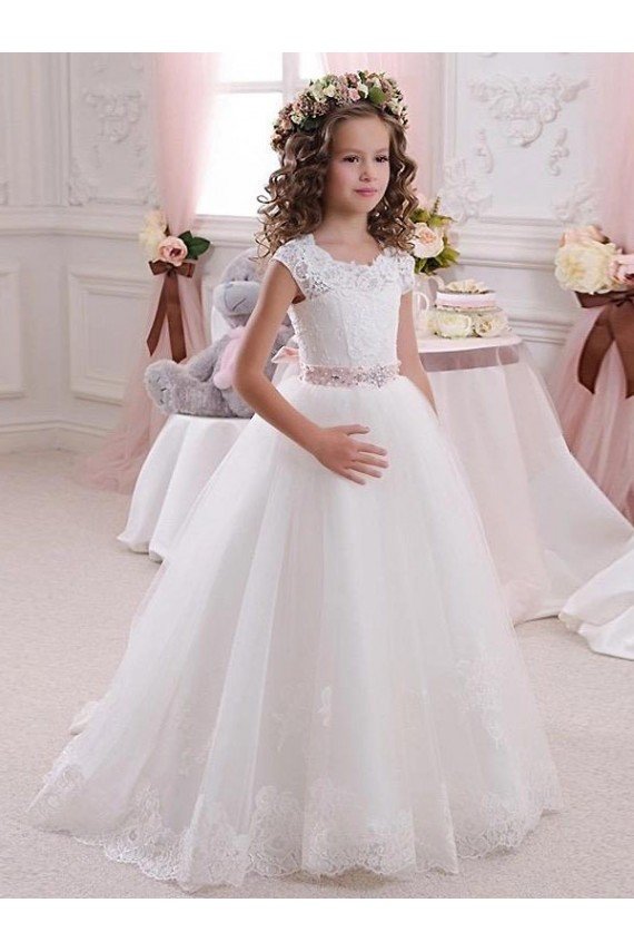 Ivory Ball Gown High Neck Floor Length Keyhole Back Flower Girl Dress UK