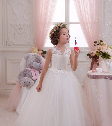 Ivory Ball Gown High Neck Floor Length Sleeveless Flower Girl Dress UK