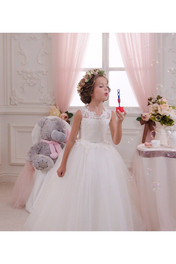 Ivory Ball Gown High Neck Floor Length Sleeveless Flower Girl Dress UK