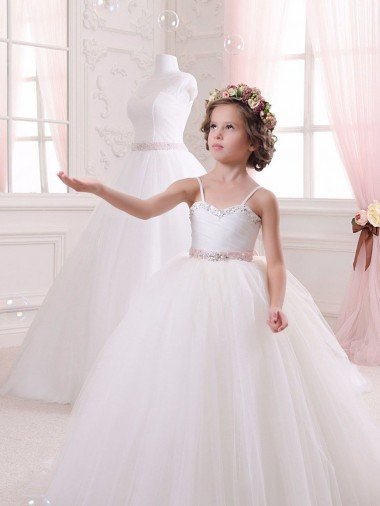 Ivory Ball Gown Sweetheart Chapel Train Sleeveless Flower Girl Dress UK