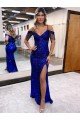 Royal Blue Sheath Cold Shoulder Sleeveless Long Floor Length Velvet Sequin Prom Dress UK