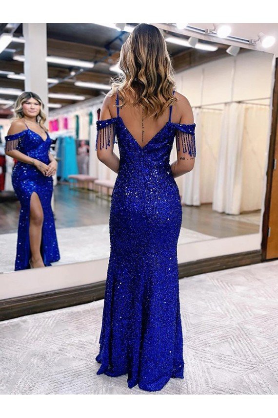 Royal Blue Sheath Cold Shoulder Sleeveless Long Floor Length Velvet Sequin Prom Dress UK