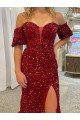 Red Sheath Off the Shoulder Short Sleeves Long Court Train Velvet Sequin Prom Dress UK