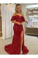 Red Sheath Off the Shoulder Short Sleeves Long Court Train Velvet Sequin Prom Dress UK