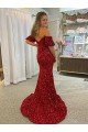 Red Sheath Off the Shoulder Short Sleeves Long Court Train Velvet Sequin Prom Dress UK