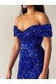 Royal Blue Mermaid Off the Shoulder Sleeveless Long Sweep Train Velvet Sequin Prom Dress UK