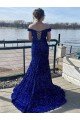 Royal Blue Sheath Off the Shoulder Sleeveless Long Sweep Train Velvet Sequin Prom Dress UK