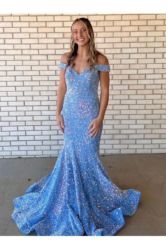 Periwinkle Mermaid Off the Shoulder Sleeveless Long Floor Length Velvet Sequin Prom Dress UK