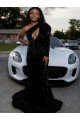 Black Sheath One Shoulder Long Sleeves Long Sweep Train Velvet Sequin Prom Dress UK