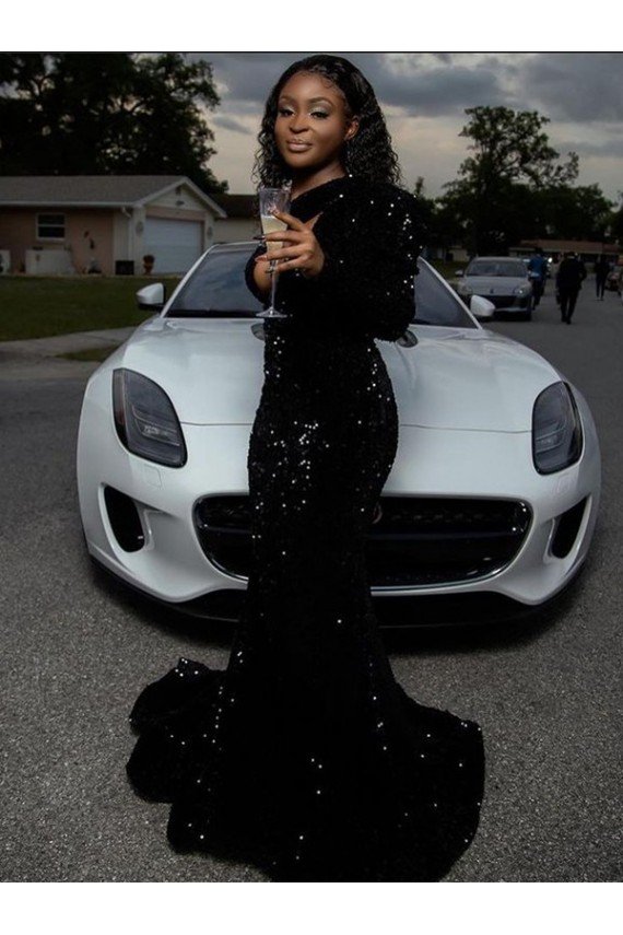 Black Sheath One Shoulder Long Sleeves Long Sweep Train Velvet Sequin Prom Dress UK