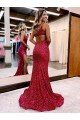 Burgundy Mermaid One Shoulder Sleeveless Long Sweep Train Velvet Sequin Prom Dress UK