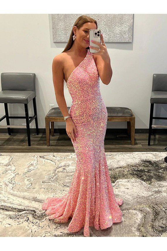 Pink Sheath One Shoulder Sleeveless Long Sweep Train Velvet Sequin Prom Dress UK