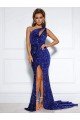 Royal Blue Mermaid One Shoulder Sleeveless Long Court Train Velvet Sequin Prom Dress UK