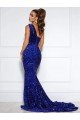 Royal Blue Mermaid One Shoulder Sleeveless Long Court Train Velvet Sequin Prom Dress UK