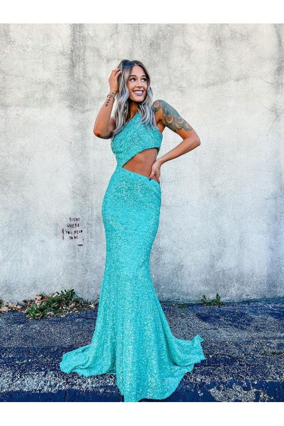 Mermaid One Shoulder Sleeveless Long Sweep Train Velvet Sequin Prom Dress UK