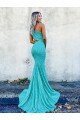 Mermaid One Shoulder Sleeveless Long Sweep Train Velvet Sequin Prom Dress UK