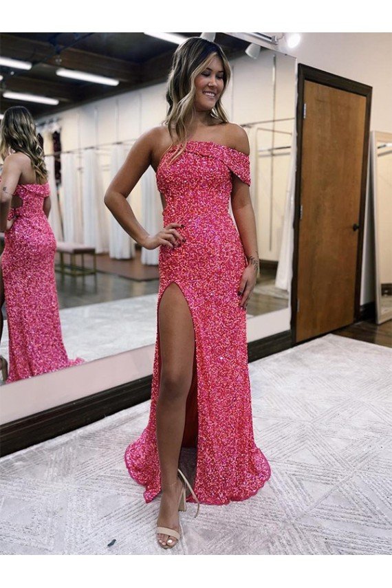 Fuchsia Sheath One Shoulder Sleeveless Long Sweep Train Velvet Sequin Prom Dress UK