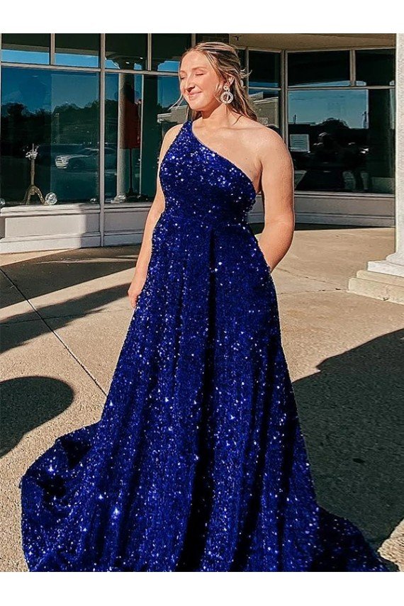 Royal Blue A-Line One Shoulder Sleeveless Long Sweep Train Velvet Sequin Prom Dress UK