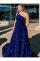 Royal Blue A-Line One Shoulder Sleeveless Long Sweep Train Velvet Sequin Prom Dress UK