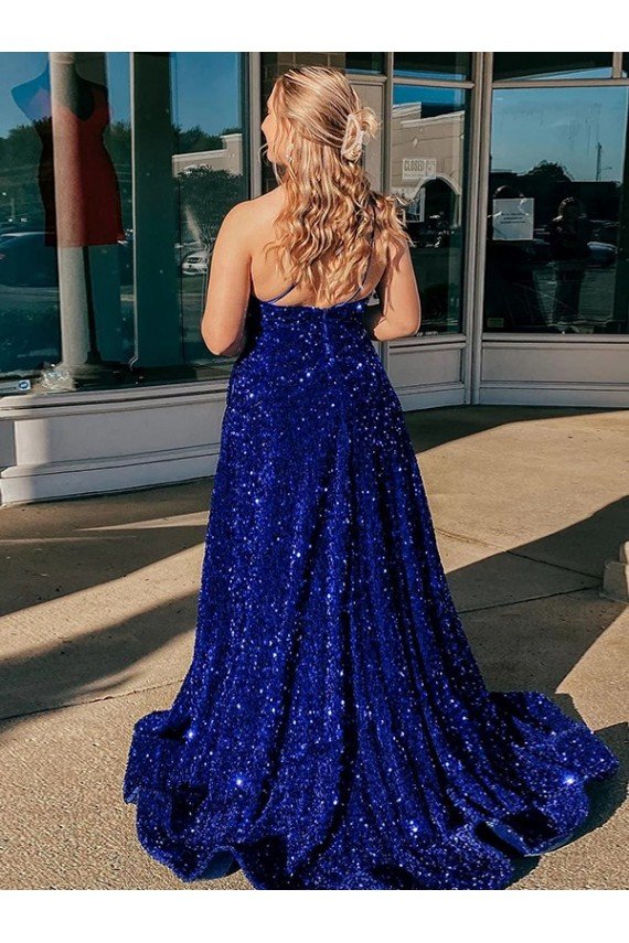 Royal Blue A-Line One Shoulder Sleeveless Long Sweep Train Velvet Sequin Prom Dress UK
