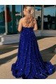 Royal Blue A-Line One Shoulder Sleeveless Long Sweep Train Velvet Sequin Prom Dress UK