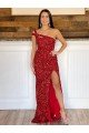 Burgundy Sheath One Shoulder Sleeveless Long Sweep Train Velvet Sequin Prom Dress UK