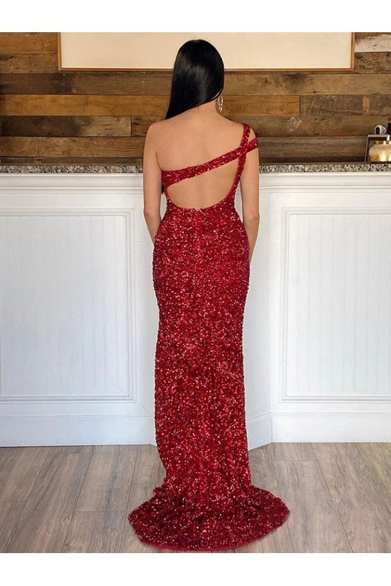 Burgundy Sheath One Shoulder Sleeveless Long Sweep Train Velvet Sequin Prom Dress UK
