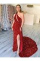 Burgundy Sheath One Shoulder Sleeveless Long Court Train Velvet Sequin Prom Dress UK