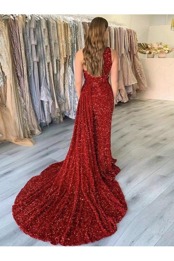 Burgundy Sheath One Shoulder Sleeveless Long Court Train Velvet Sequin Prom Dress UK
