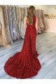 Burgundy Sheath One Shoulder Sleeveless Long Court Train Velvet Sequin Prom Dress UK
