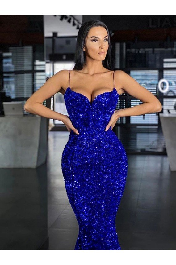 Royal Blue Mermaid Spaghetti Straps Sleeveless Long Sweep Train Velvet Sequin Prom Dress UK