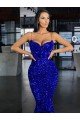 Royal Blue Mermaid Spaghetti Straps Sleeveless Long Sweep Train Velvet Sequin Prom Dress UK