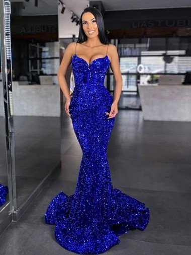 Royal Blue Mermaid Spaghetti Straps Sleeveless Long Sweep Train Velvet Sequin Prom Dress UK