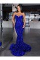 Royal Blue Mermaid Spaghetti Straps Sleeveless Long Sweep Train Velvet Sequin Prom Dress UK