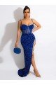 Long Sweep Train Royal Blue Sheath Spaghetti Straps Sleeveless Velvet Sequin Prom Dress UK