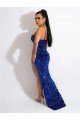 Long Sweep Train Royal Blue Sheath Spaghetti Straps Sleeveless Velvet Sequin Prom Dress UK