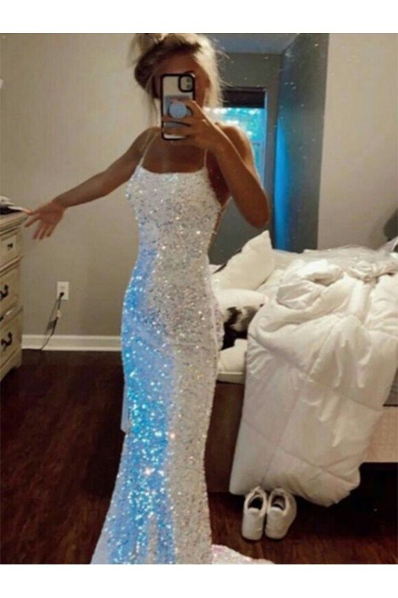 Long Sheath Spaghetti Straps Sleeveless Sweep Train Velvet Sequin Prom Dress UK