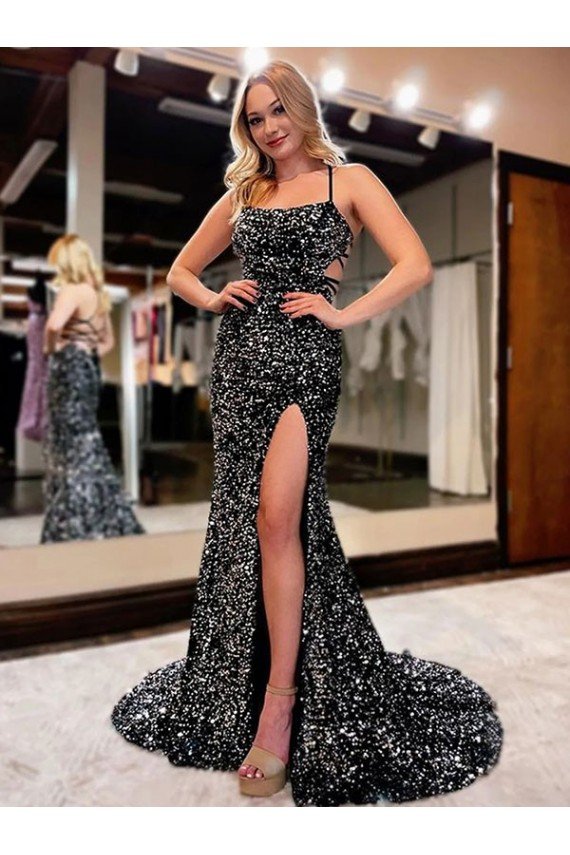 Sheath Spaghetti Straps Sleeveless Long Sweep Train Velvet Sequin Prom Dress UK