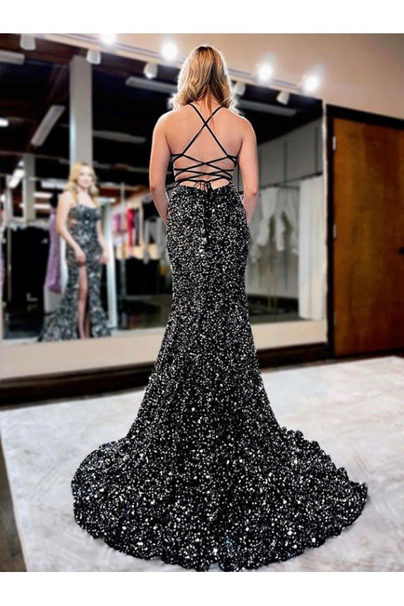 Sheath Spaghetti Straps Sleeveless Long Sweep Train Velvet Sequin Prom Dress UK